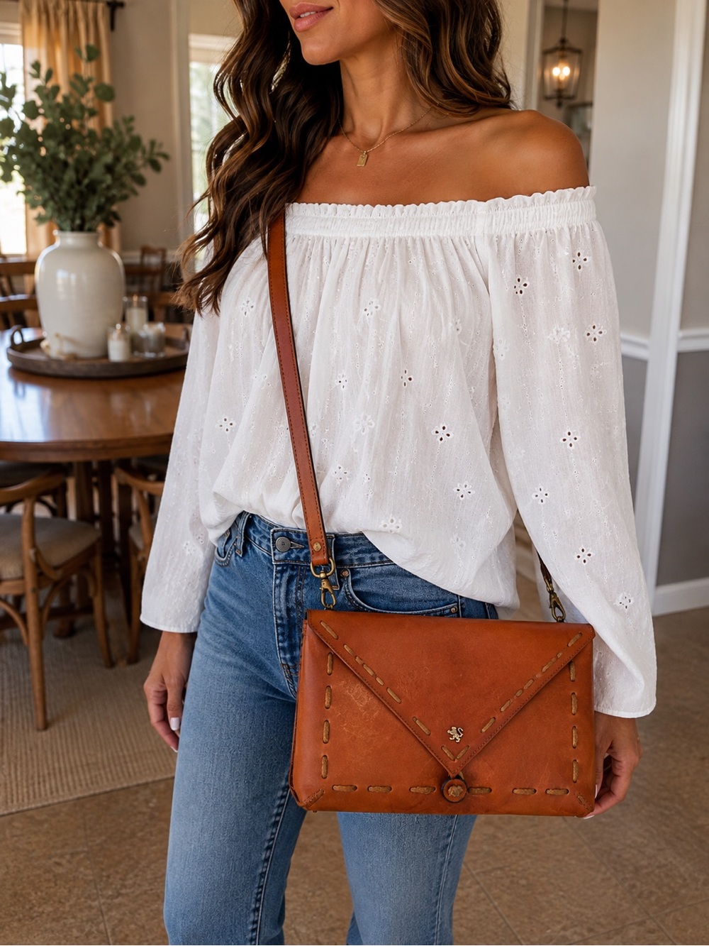 PRATESI Cognac Leather Envelope Crossbody Bag